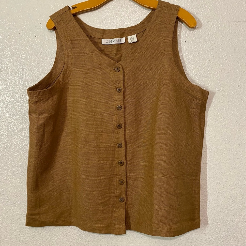 Chaus Brown Sleeveless Buttoned Blouse Size L 60%LINEN 40% RAYON